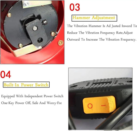 Heavy Duty Vibrating Polisher Kit hammer adjustment and power switch, featuring electric polisher and rock tumbler drum.
