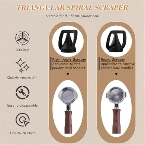No Sweat Electric Portafilter Cleaner With Quick Spin Motor And Dual Brush Heads For 58 Mm And 51 Mm Espresso Handles diagram detailing scrapers.