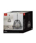 Box of Sansa 5-Light Chandelier in matte black with geometric cage design, shown hanging by a chain above a couch.