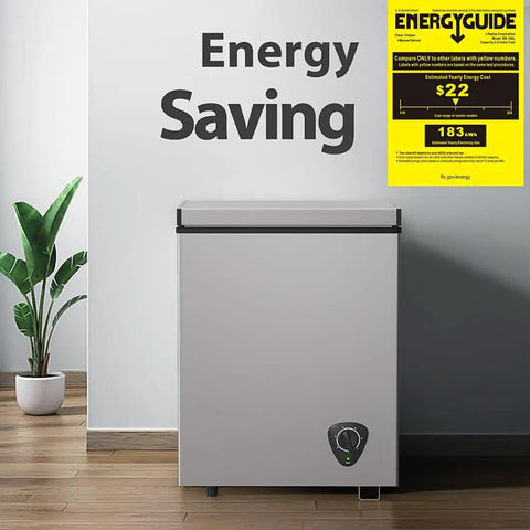 Solid 3.5 Cu Ft Chest Freezer With Easy Dial And Slide Basket Energy Efficient Top Load Deep Freeze In Gray in a modern setting.
