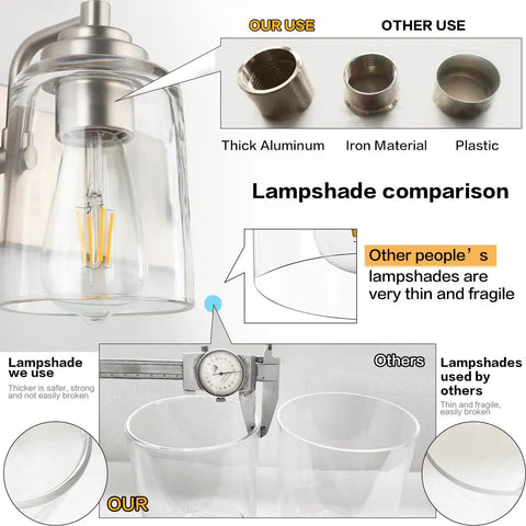 Comparison of thick aluminum lampshades versus thin alternatives for a 32 Inch Chrome Vanity Light Fixture Over Mirror With Crystal Glass Globes.