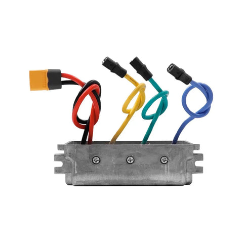 Tool Free Universal Electric Scooter Controller Replacement Part For Electric Skateboards Easy Plug And Play Upgrade No Special Tools Needed For Quick Swap Or Custom Build, showing silver aluminum casing and colored wires