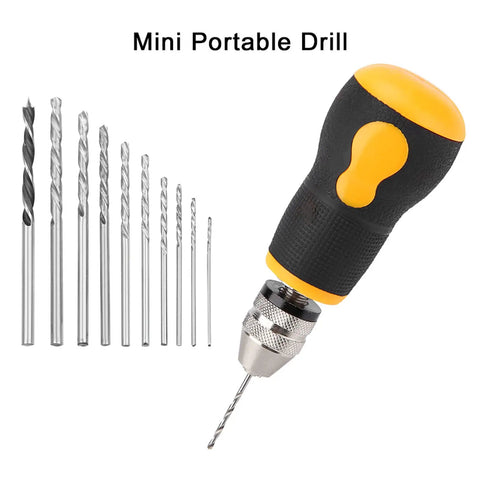 Handy Drill Set With Ten Piece Bit Kit Portable Micro Drill Tool Nonslip Handle For Art And Craft Projects Precision Pin Vise Woodworking Hobby DIY For Tiny Details, 10 bits