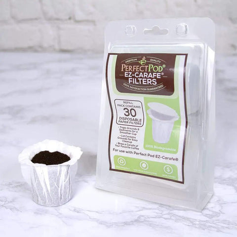 EZ Carafe Disposable Paper Filters With Patented Top Lid For Keurig 2.0 K Carafe pack with filter on countertop