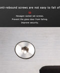 Close-up of hexagon socket set screw on heavy duty frameless shower door hinge for tempered glass doors.