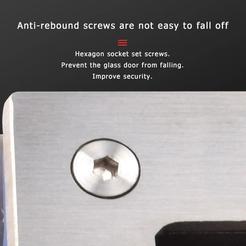 Close-up of hexagon socket set screw on heavy duty frameless shower door hinge for tempered glass doors.