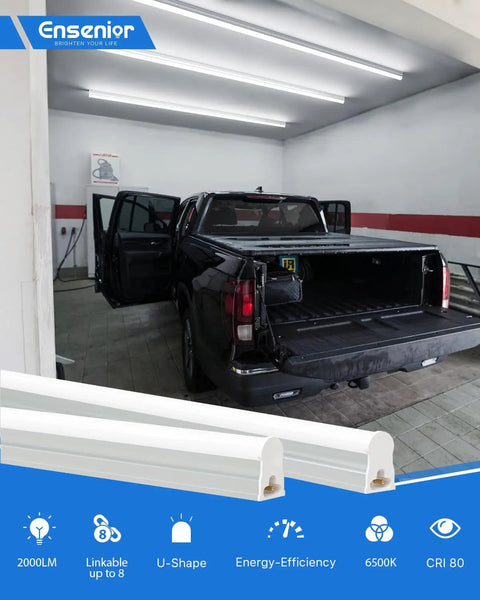 Eight Pack T5 LED Shop Lights 4 Feet, 2000 Lumens Each, 6500K Crisp Daylight White installed in garage ceiling