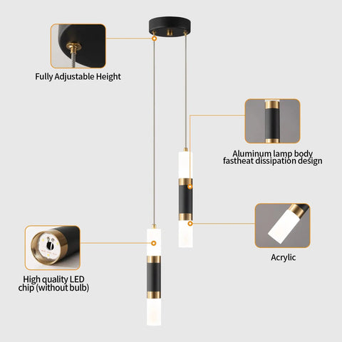 Two Light Pendant Lights For Kitchen Island Dimmable LED Modern Mini Pendant Fixtures In Black And Gold with acrylic diffuser