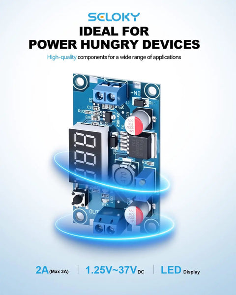 DC Buck Power Converter Module With LED Voltmeter Display Adjustable 4 To 40V Input And 1.25 To 37V Output shown with components