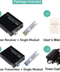 BiDi Gigabit Single-Mode Fiber Ethernet Media Converter Kit With Two SFP LC Transceivers Included, 10 100 1000BaseT To 1000Base SX SMF Up To 30 Kilometers, 1.25 Gbps 1310 Nm Ports, AC DC Power Supply Included components