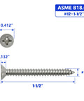 Heavy Duty Three Zero Four Stainless Steel Flat Head Sheet Metal Screws With Phillips Drive Self Tapping Points For Wood And Thin Metal Builds Built Tough For The Job Site No Nonsense Hardware, #12 x 1-1/2 inch screw with dimensions.