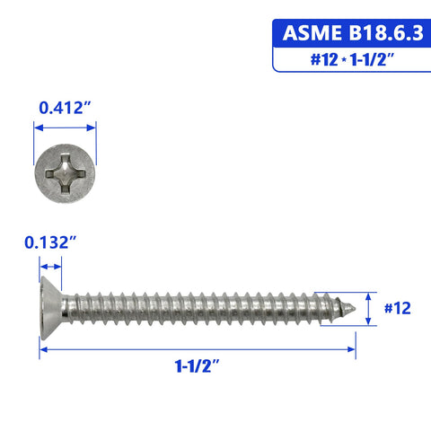 Heavy Duty Three Zero Four Stainless Steel Flat Head Sheet Metal Screws With Phillips Drive Self Tapping Points For Wood And Thin Metal Builds Built Tough For The Job Site No Nonsense Hardware, #12 x 1-1/2 inch screw with dimensions.