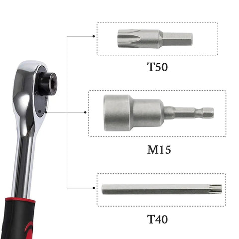 Jeep Hard Top Door Removal Torx Set Tool Kit Red For Wrangler JL JK 2-4 Doors showing ratchet and T50, M15, T40 bits