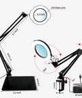 Magnifying Glass Desk Lamp With Clamp And Base, Real Glass Lens, 84 LEDs, 4.2 Inch Diameter, adjustable arm and dimensions displayed