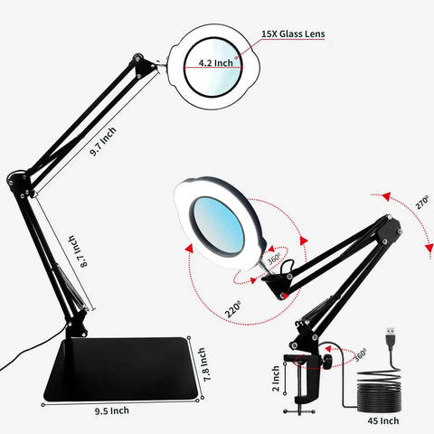Magnifying Glass Desk Lamp With Clamp And Base, Real Glass Lens, 84 LEDs, 4.2 Inch Diameter, adjustable arm and dimensions displayed