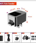 Hassle Free Wifi Smart Automatic Fish Feeder For Home Aquarium With App Programmable Timer showing dimensions and accessories.