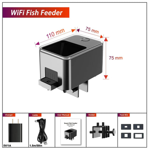 Smart WiFi Automatic Fish Feeder With Hassle Free App Schedule And Quick Manual Override For Home Aquariums USB Powered Pellet Dispenser For Small Fish Tanks Black dimensions 110mm x 75mm with charger and manual.