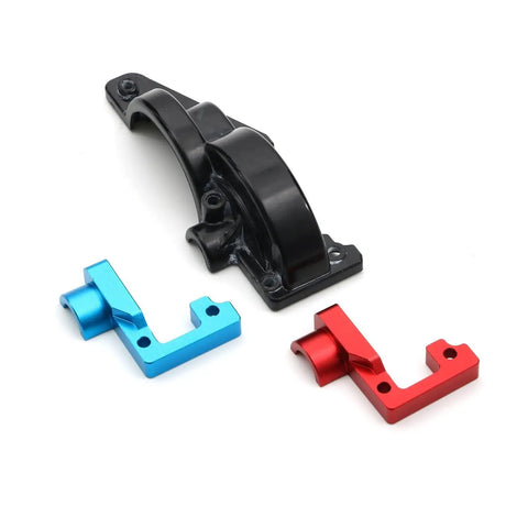 TT02 Aluminum Open End Gearbox Cover For One Tenth RC Car Upgrade featuring black, red, and blue parts for Tamiya TT02.