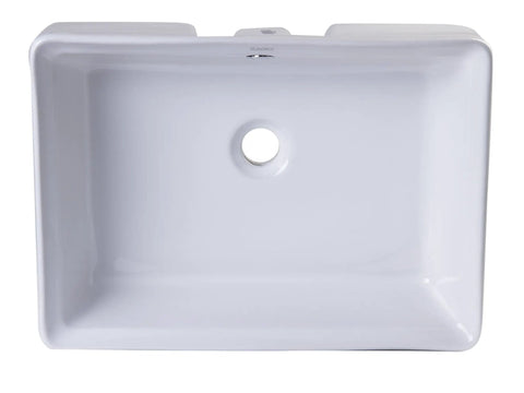 Top view of 20 Inch Rectangular Ceramic Above Mount Bathroom Sink White, Sleek Modern Porcelain Basin With Rear Center Drain And Chrome Overflow