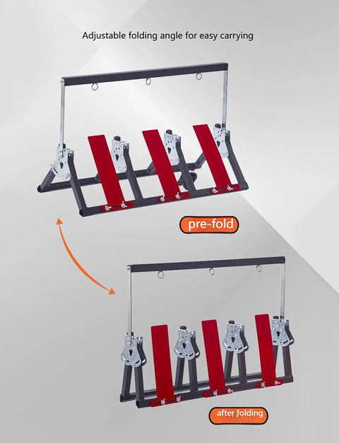 Heavy Duty Wire Spool Organizer With Wheels Foldable 5 Axis Reel Dispenser pre-fold and after folding view