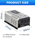 6000W Peak Pure Sine Wave Inverter Charger With LCD Display 12V DC To 120V AC Off Grid Beeffy Power Converter with dimensions and accessories.