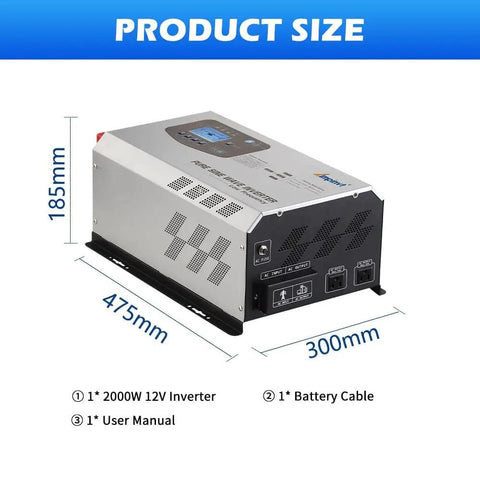 6000W Peak Pure Sine Wave Inverter Charger With LCD Display 12V DC To 120V AC Off Grid Beeffy Power Converter with dimensions and accessories.