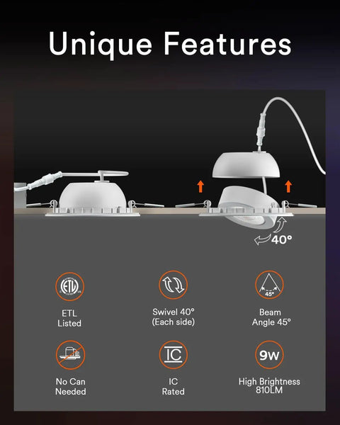 Lumary Smart Gimbal Recessed Lighting 4 Inch, Color Changing 40° Tilt, ETL with adjustable tilt and beam features.