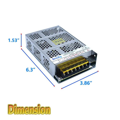 High Stability Output Switching Power Supply 5V 8A, 12V 8A, And 24V 3A dimensions view with input and output details.