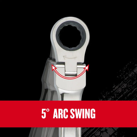 V Series Metric Ratchet Wrench Set 7 Piece with Flexible Head and 180 Degree Articulation shown with 5° arc swing.
