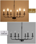 12 Light Black Farmhouse Chandelier, 32 Inch Large Foyer Ceiling Light Fixture For Dining Room, Living Room, Kitchen Island, Entryway And Staircase, Modern Rustic Iron Candlestick Pendant Lighting With Adjustable Height Statement Piece, shown switched on and off with warm glow effect