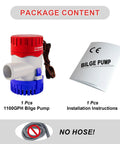 Package contents showing 1100 GPH 12V Submersible Workhorse Bilge Pump With One And One Eighth Inch Outlet and instructions, no hose included