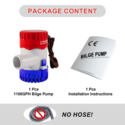 Package contents showing 1100 GPH 12V Submersible Workhorse Bilge Pump With One And One Eighth Inch Outlet and instructions, no hose included