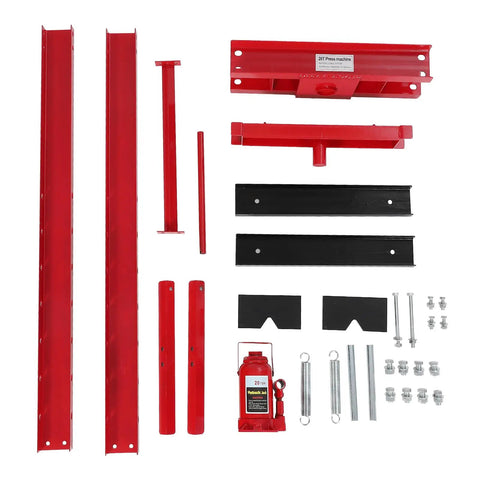 Components of 20 Ton Hydraulic Shop Press With H Frame 7 Position Adjustable Height Movable Plates Dust Cover And Auto Relief Valve For Safe Heavy Lifting In Garage Or Pro Workshop Red