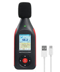 Pro Grade Portable Decibel Meter With Data Logger And 43,000 Record Capacity, 30-130 dB Range, Three Color Alarm Lights, AC Frequency And DC Output, Great For Home, Shop, And Factory Noise Monitoring, black handheld with USB cable