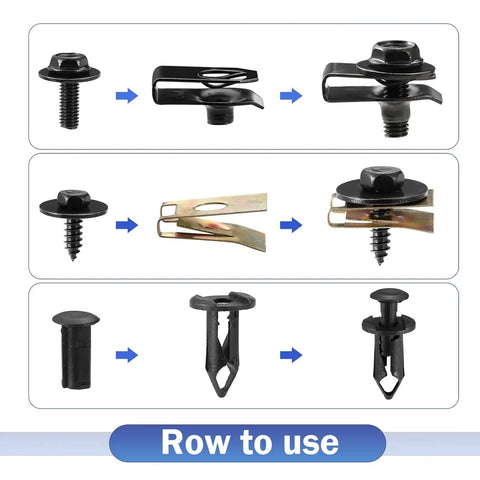 Ride Ready 100 Piece Car Body Fasteners Kit with screws, bolts, U nuts, ABS clips installation process shown in three steps