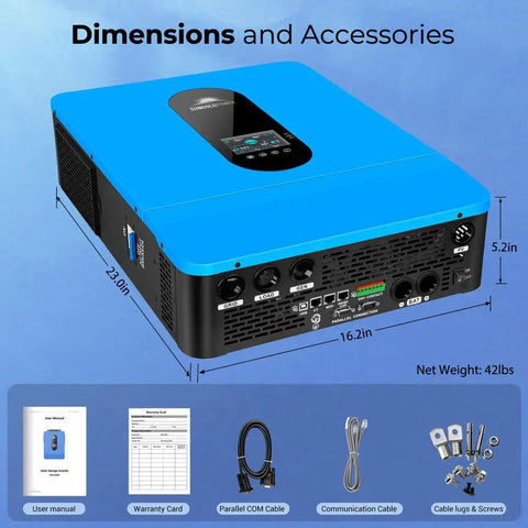 Rock Solid Plug And Play 6500 Watt 48 Volt Pure Sine Wave Split Phase Solar Inverter With Dual Mppt Charge Controller And 140 Amp Battery Charging displaying dimensions and included accessories.