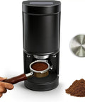 Dope Automatic Coffee Tamper For 58mm Portafilters With Adjustable Pressure Control, black and steel design with portafilter.