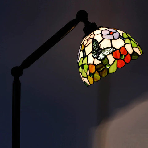 Tiffany Style Floor Lamp With Swivel Arm 72 Inch Tall Stained Glass Reading Light Antique Bronze Base Butterfly Flowers Shade