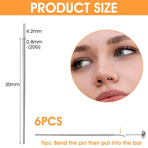 Six Pack 20G Piercing Taper Insertion Tool Set shown with size dimensions and demonstration of eyebrow jewelry insertion.