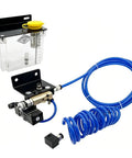 Heavy Duty MQL Spray Pump 1L Pneumatic Pulse Lubrication System with clear reservoir and blue hoses for CNC machining.