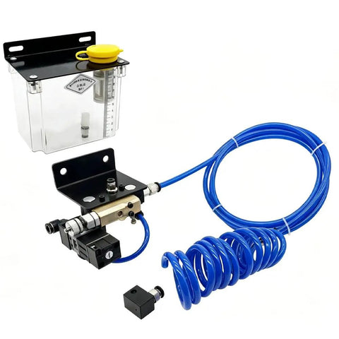 Heavy Duty MQL Spray Pump 1L Pneumatic Pulse Lubrication System with clear reservoir and blue hoses for CNC machining.