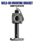 Front view of a 2000 lb trailer tongue jack with weld-on mounting bracket and swiveling handle on a black post.