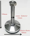 Adjustable Foot Furniture Leveler with rubber pad, 100mm height, 12mm screw diameter, 60mm chassis diameter, heavy metal base.