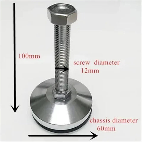 Adjustable Foot Furniture Leveler with rubber pad, 100mm height, 12mm screw diameter, 60mm chassis diameter, heavy metal base.