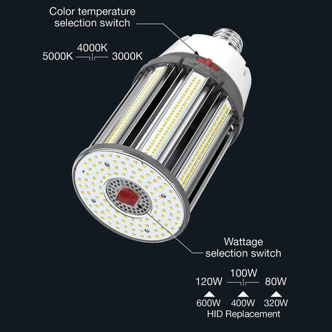 LED Corn Cob Lamp With 360 Degree Light, Adjustable Wattage 120W/100W/80W And Color Temperature 3000K/4000K/5000K, HID Replacement