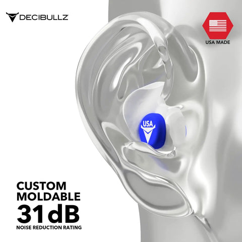 Custom Molded Earplugs USA Edition With 31dB NRR Ultra Comfy Hearing Protection in a clear ear model.