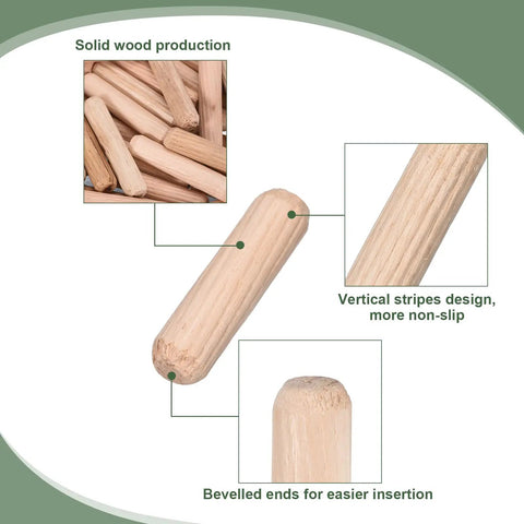 Elite 90 Pc Wooden Dowel Pins 8X30Mm Fluted With Beveled Ends tough dried hardwood pegs showing solid wood and non-slip design.