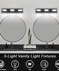 Matte Black Vanity Lights Over Mirror Three Light Modern Bathroom Fixture With Rotatable Oval Lampshades Adjustable 270 Degree Head Swivel 23.6 Inch 18W Cool White 6000K Sleek Bright Spa Style Bath Lighting Lit, installed above round mirrors.