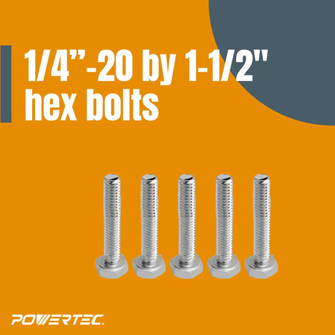 Five 1/4"-20 by 1-1/2" hex bolts from 10 Piece T Track Knob Kit With 1/4-20 Hex Bolts And Washers For Woodworking Jigs And Fixtures