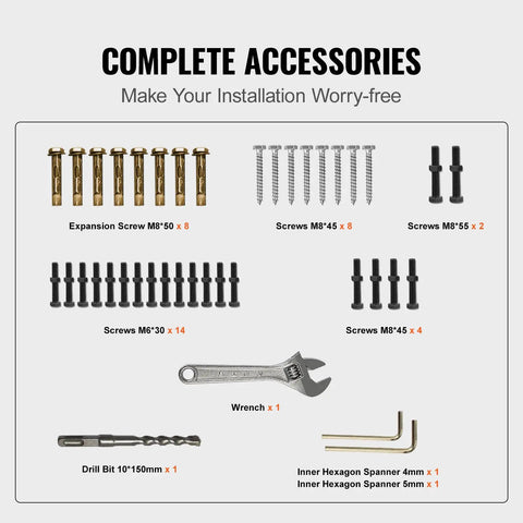 Complete accessories for Rock Solid Wrought Iron Outdoor Stair Railing installation including screws and tools.